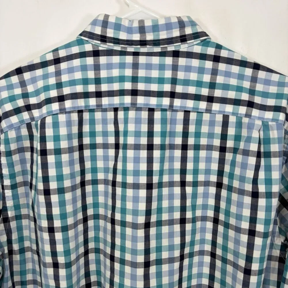 J.Crew Button Down Shirt Mens Large Blue Teal Black Gingham Check Long Sleeve